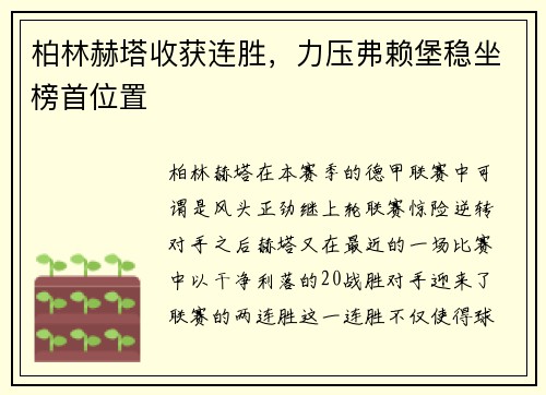 柏林赫塔收获连胜，力压弗赖堡稳坐榜首位置